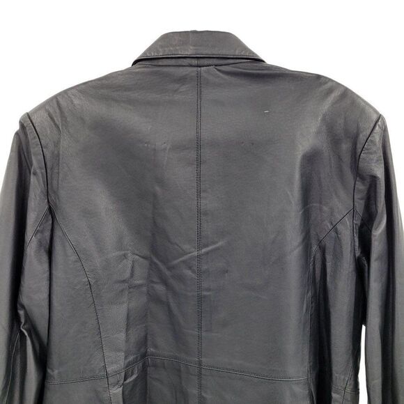 Vintage 80s Newport News Leather Coat Blazer Notched Collar Button Down Black 18 - Picture 11 of 15